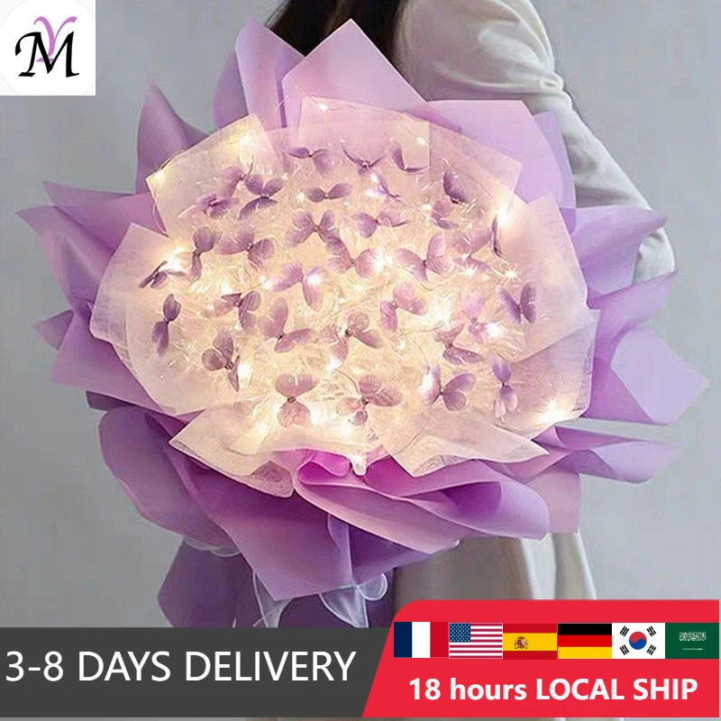 Handmade Butterfly Flower Material Package Bouquet with Light String Diy Butterfly Bouquets Wedding Decor Gift for Girlfriend