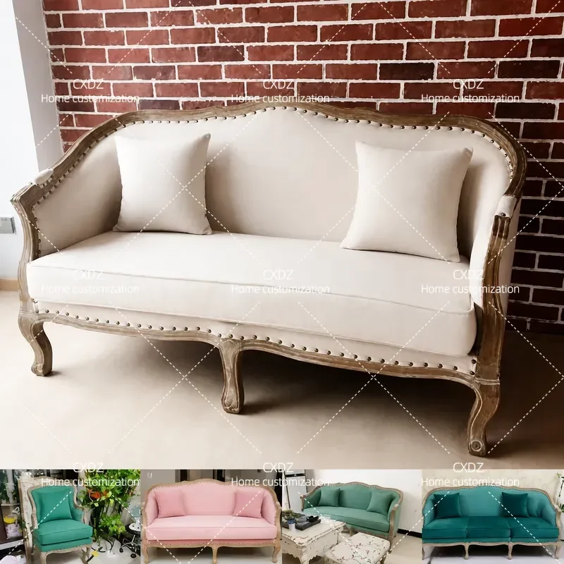 Retro Pastoral Fabric Sofa Solid Wood Frame Single Double Seater Light Luxury Living Room Furniture for Small Apartment