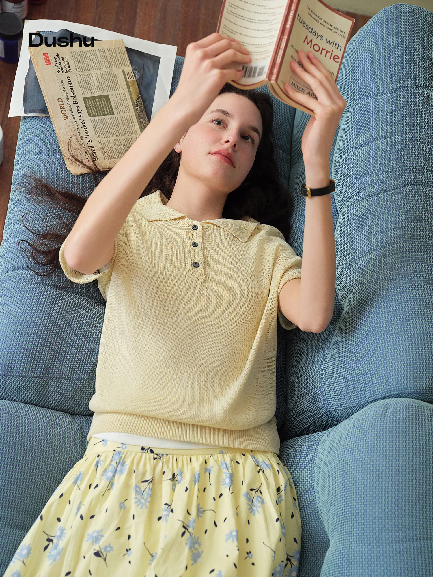 

DUSHU Women 【Elegant Summer Elegance】 POLO Collar Knit 2026 Summer New Arrival Chic Casual Style Short Sleeve Top Loose T-shirt