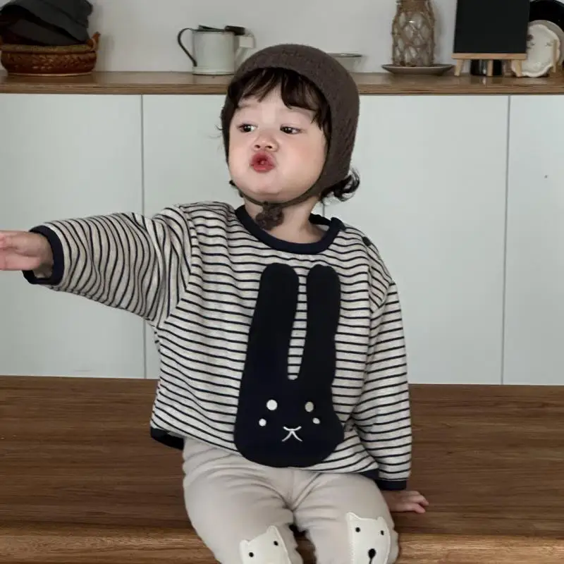 

2025 Winter New Baby Long Sleeve Fleece Sweatshirt Cotton Girls Striped Tops Plus Velvet Thick Boys Warm Pullover Infant Clothes