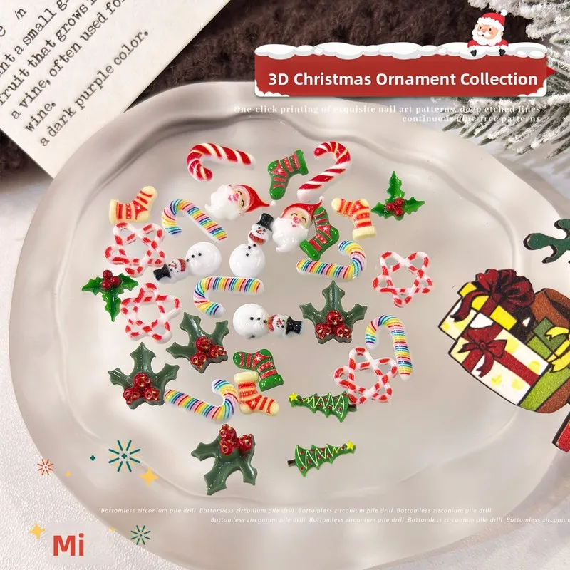 LYLE 100Pcs Cross Border Cartoon Christmas Nail Art Charms Mixed Socks Santa Star Candy Snowman Nail Decorations Hot 3D Gems Set
