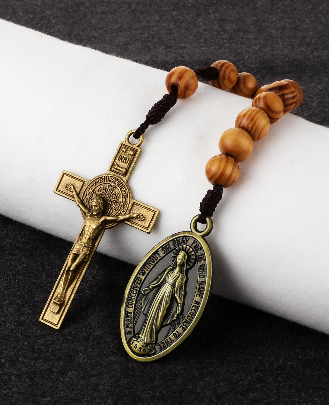 Diyalo 2-Farben-Taschen-Rosenkranz, Rosenkranz, Exorzismus, Kruzifix, Kreuz, Unsere Liebe Frau, Medaille, Milagrosa, Charms, Holz, ein Jahrzehnt, Gebetsperlenkette – Detail 3