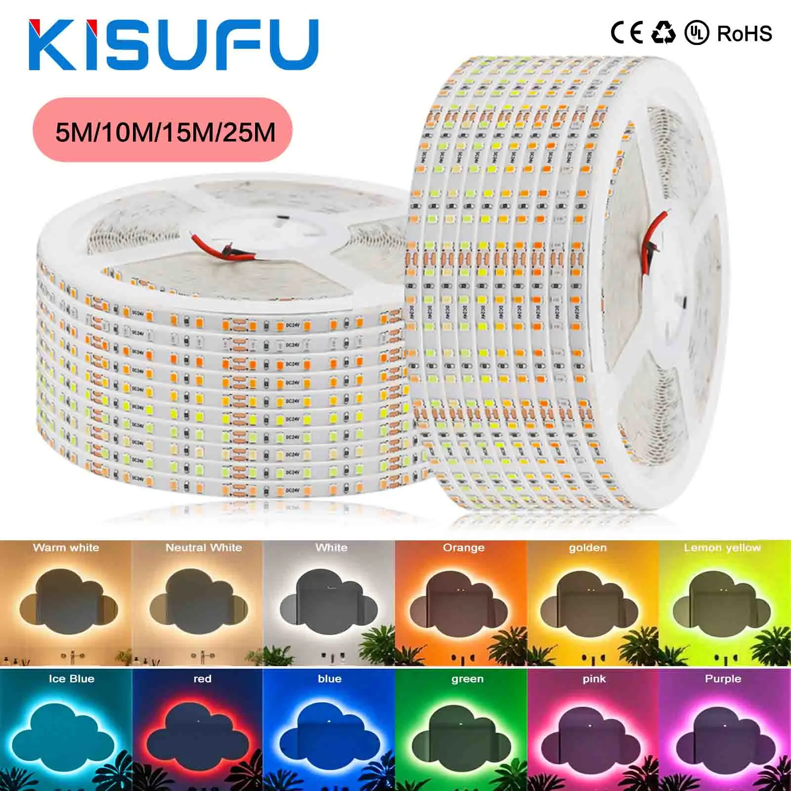 

5mm PCB Ultra Thin RA98 LED Strip Light DC12V/24V 5m 10m 15m 25m 2835 120LEDs/m Flexible Ribbon Tape Home Lighting 13 Colors