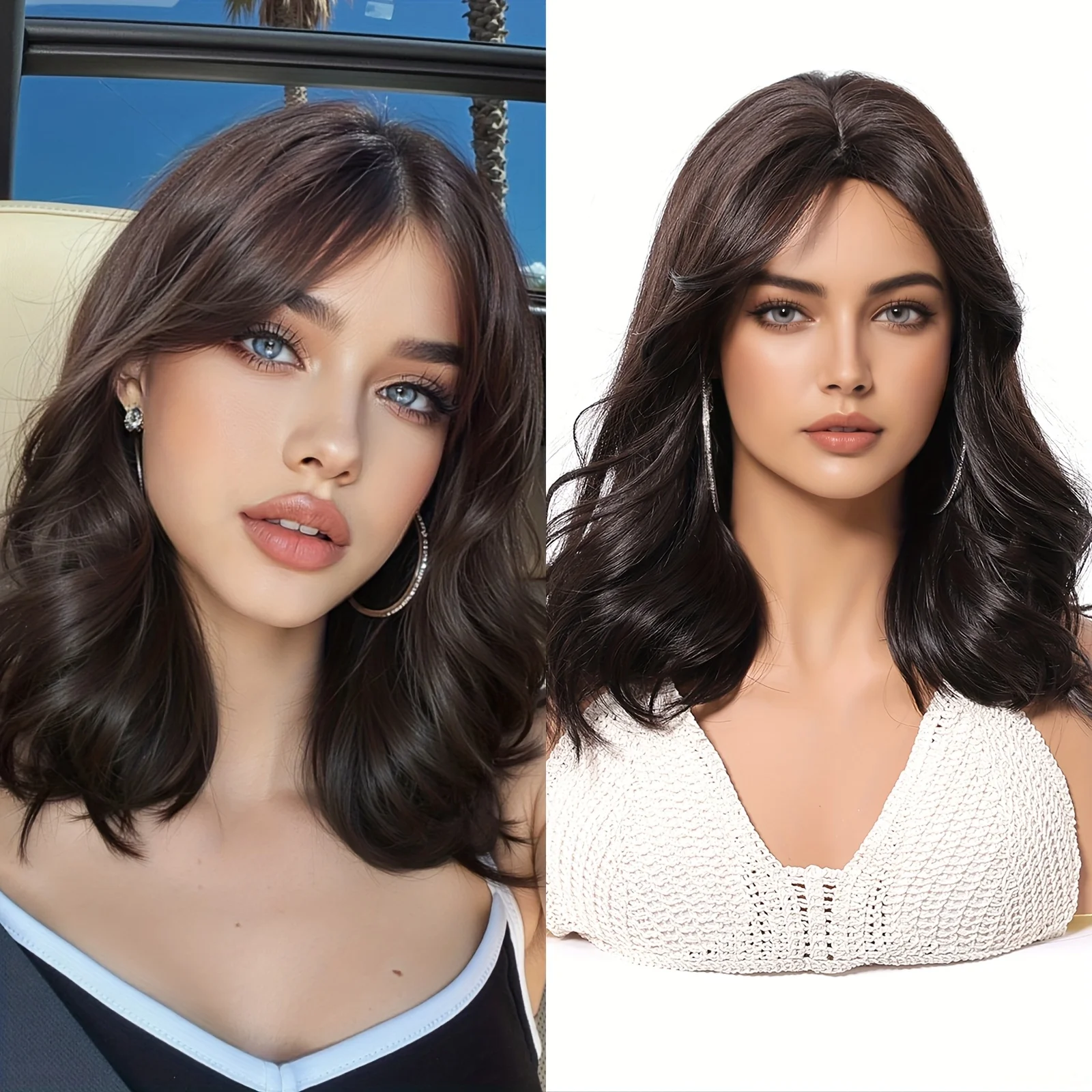 Retro Simple Dark Brown Medium-Long Curly Wig, 14inch Black-Brown Water Ripple Hairstyle, Synthetic Fiber Material, Heat-Resistant, Daily Use