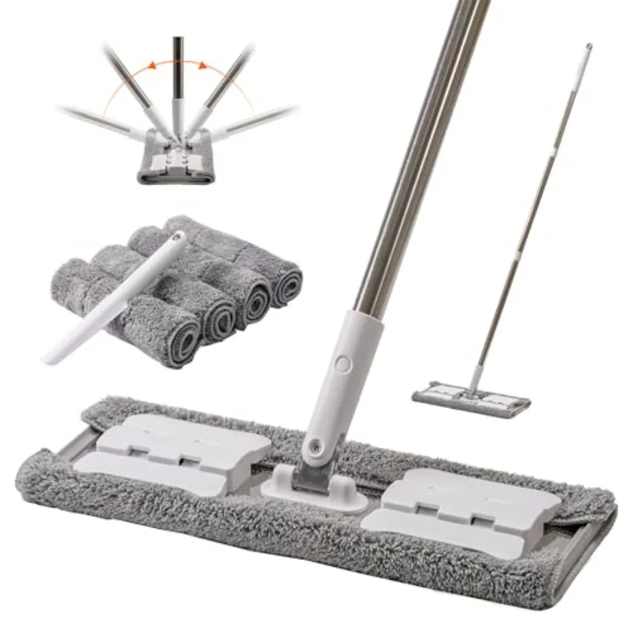 

Премиум 360 ° Швабра из микрофибры для влажной уборки пола; 4 прочных многоразовых насадки из микрофибры; регулируемая высота и прочная стальная ручка.