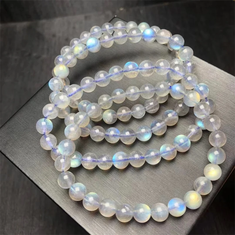 Natural Labradorite Bracelet Flash Smooth Spectrolite Moonstone Round Elastic Beads Bracelet Genuine Natural Stone Jewelry 7MM