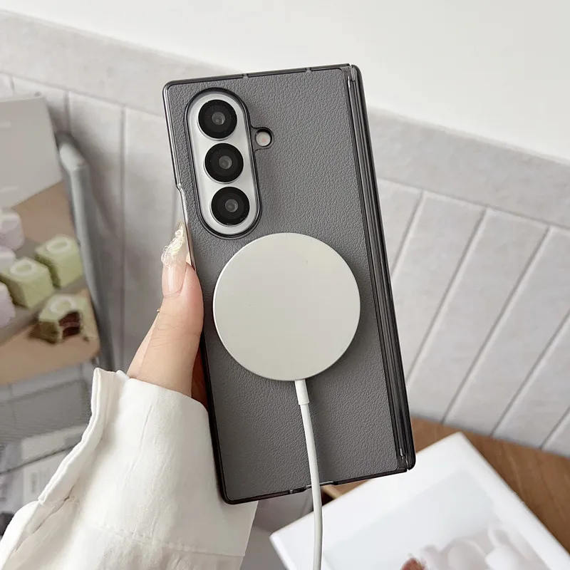 

Для Samsung Galaxy Z Fold 5 6 7, магнитный чехол ELVEV, защита петли, жесткий чехол из искусственной кожи на присоске для ПК, чехол для телефона