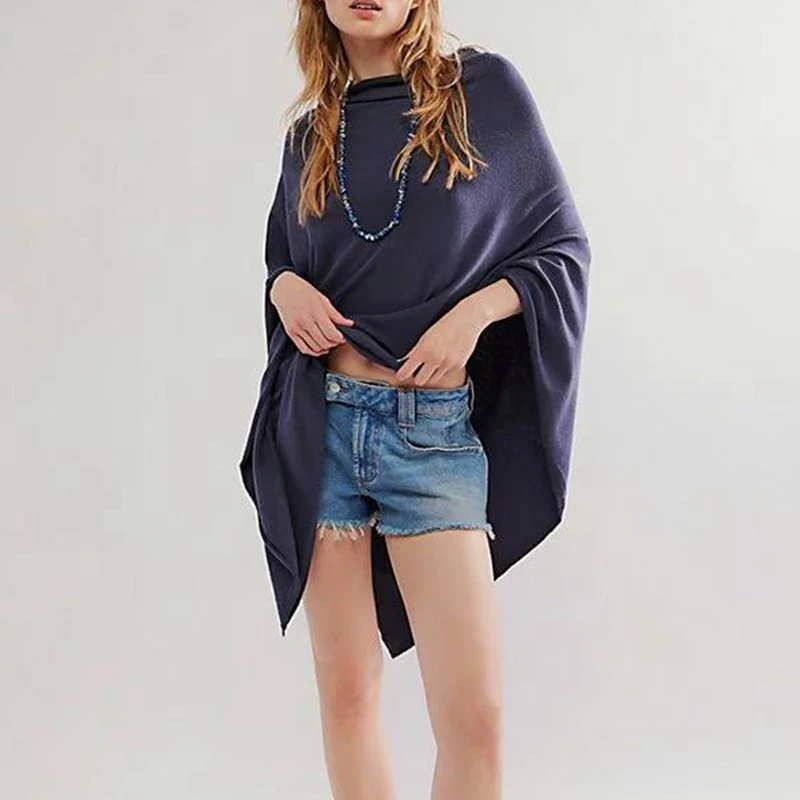 Combhasaki المرأة فضفاضة تناسب غير المتكافئة مثلث هيم المعطف كيب متماسكة سترة Y2k الخروج الصلبة Capelets فلوي شال غطاء #5