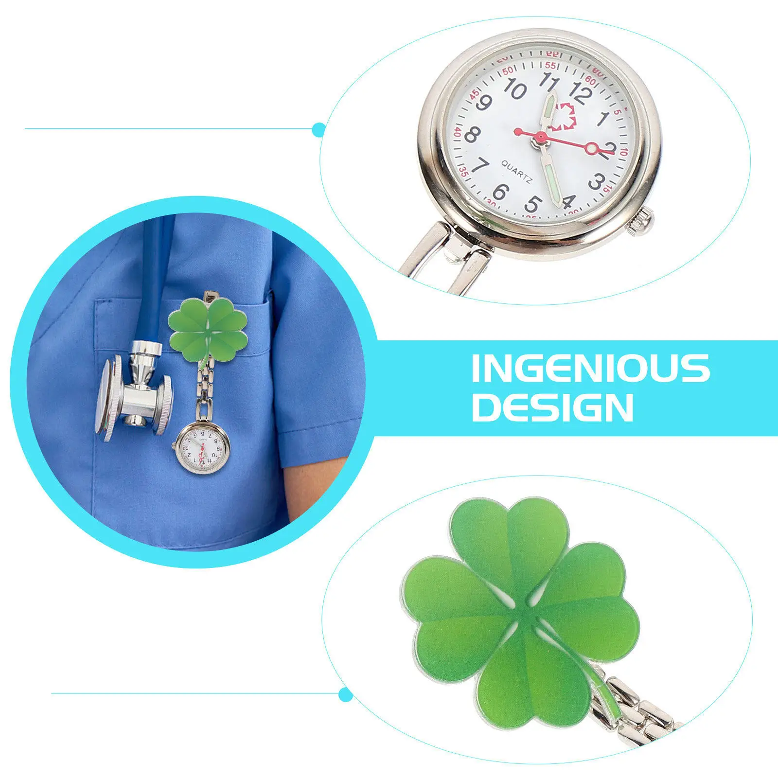 1Pcs Modern Pocket Watch for Nurses Elderly Alloy Construction Waterproof Style Portable Clip-on Timekeeper Four Leaf