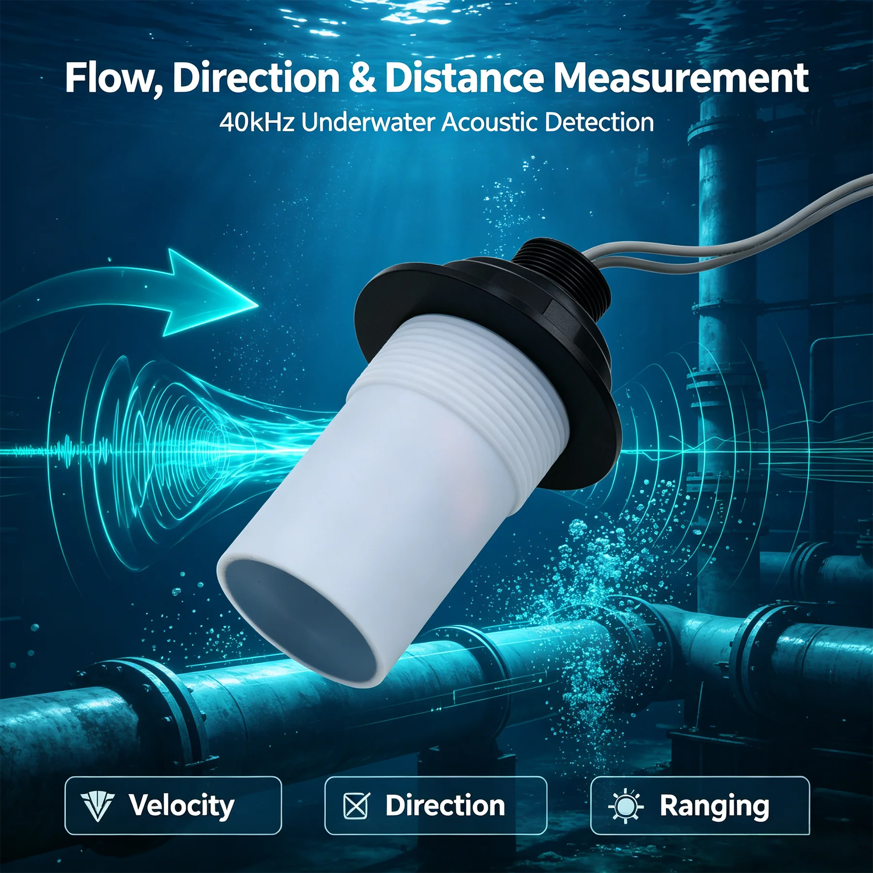 40kHz   Explosion-proof Integrated Type Ultrasonic Transducer PTFE Waterproof Acoustic Sensor for Flow Velocity