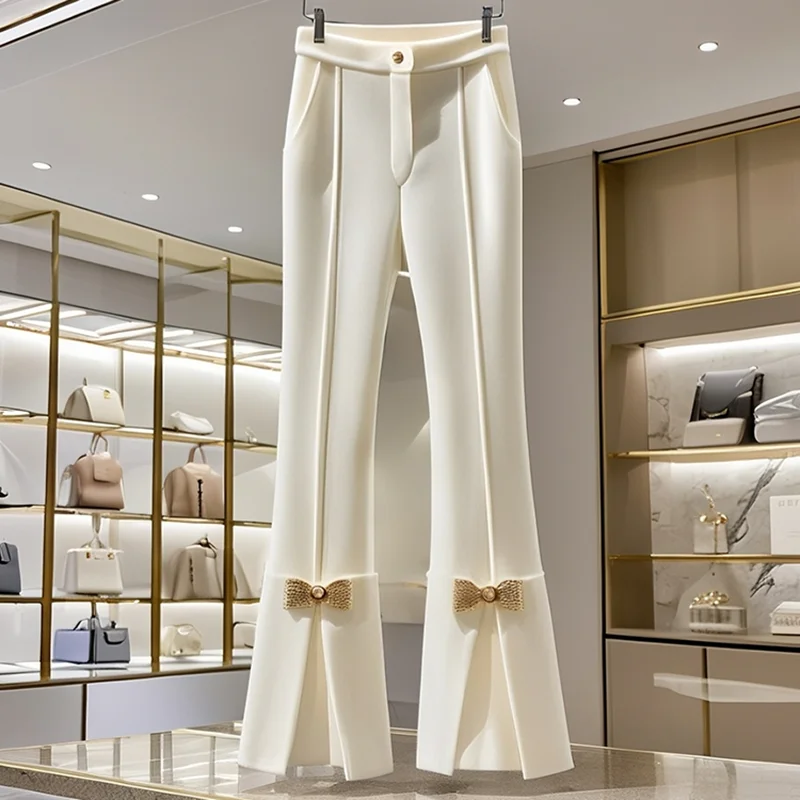 

Women Slim White Wide-leg Pants 2025Winter New Fashion Loose Pocket Pants High Waist Pleated Straight Casual Split Trousers Lady
