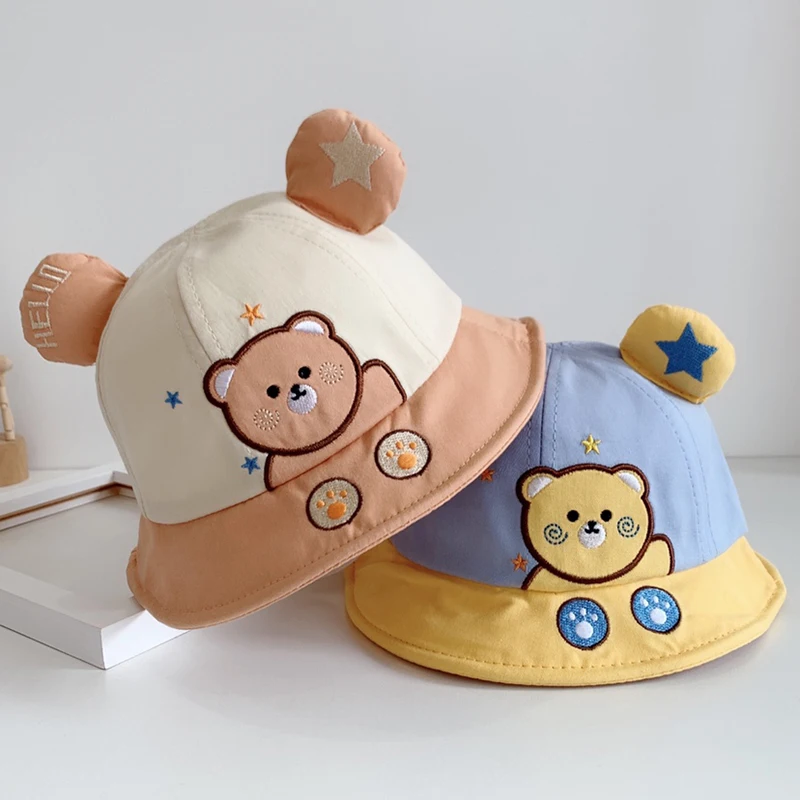 Nette Bär Ohr Baby Fischer Kappe Koreanische Cartoon Baumwolle Kleinkind Junge Mädchen Eimer Hut Sommer Breite Krempe Kinder Dome Becken Hüte