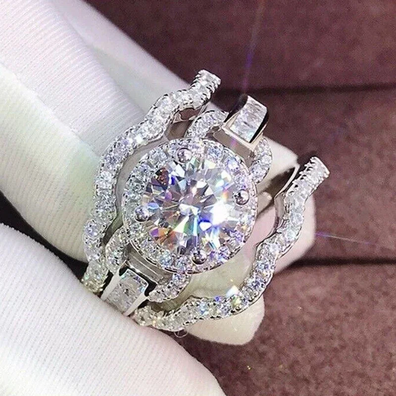 

New Trendy 3Pcs Set Silver Color Women Rings Engagement Wedding Accessories Sparkling CZ Luxury Female Jewelry Drop Shipping