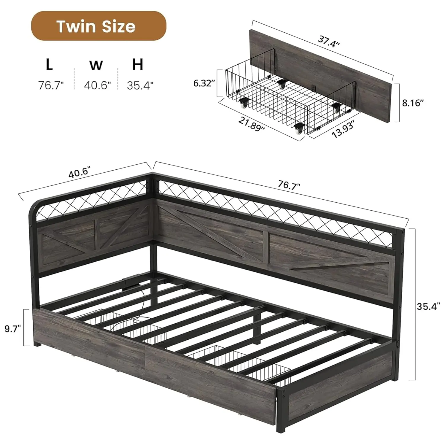 Corner Bed Frame Twin DayBed with Storage Drawers, Charcoal Grey | LED Lights, Charging Station, No Box Spring, Customized