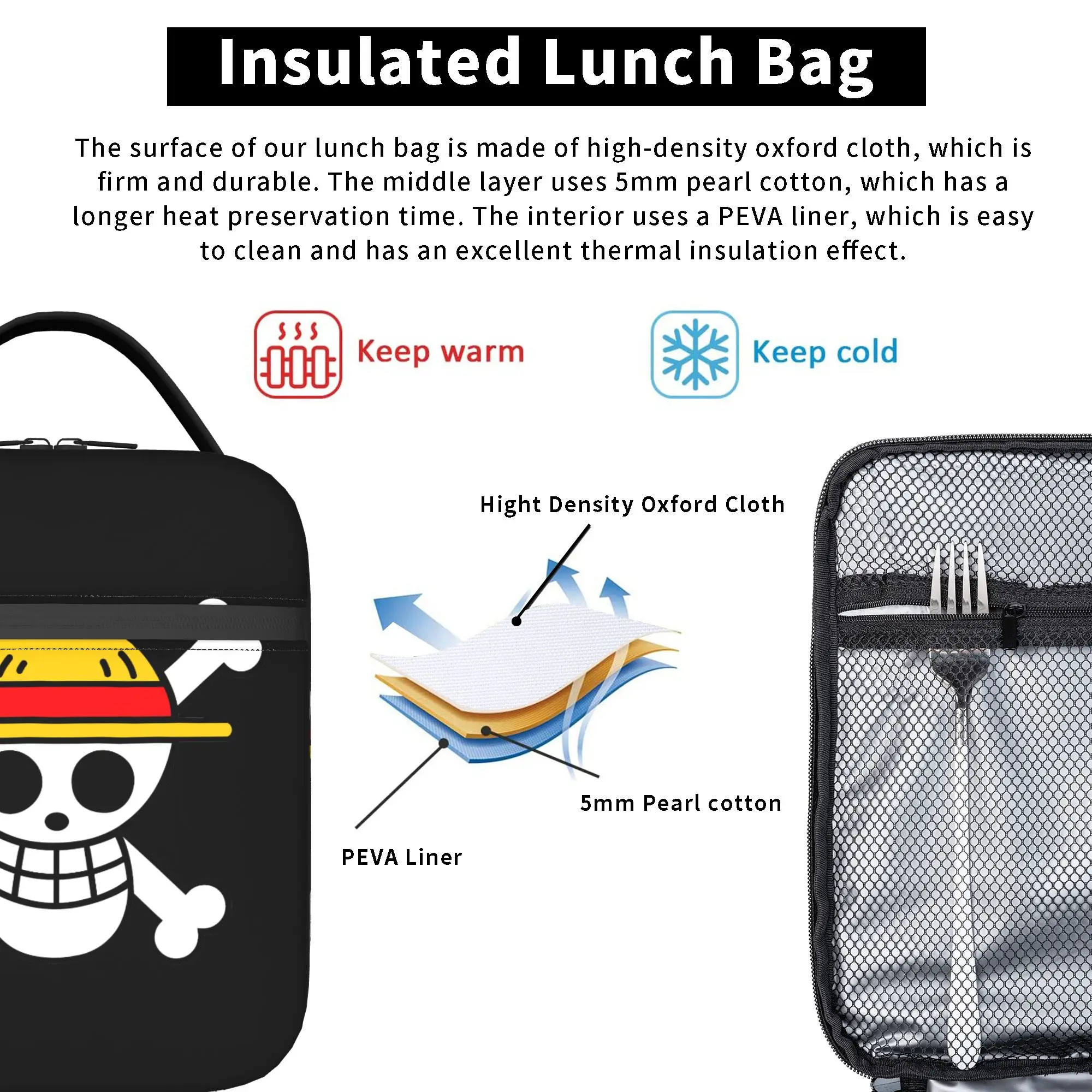 Ones Pieces Anime Thermoisolierte Lunchtasche für die Arbeit, tragbare Bento-Box, Kühler, Thermo-Lunchbox – Detail 4