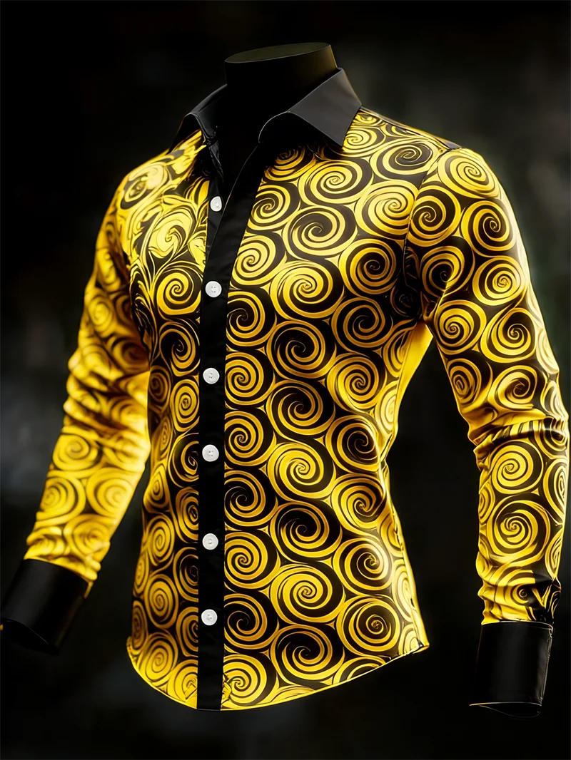 New 11 color men's long sleeved lapel shirt with fashionable 3D printed circle pattern luxurious long sleeved shirt