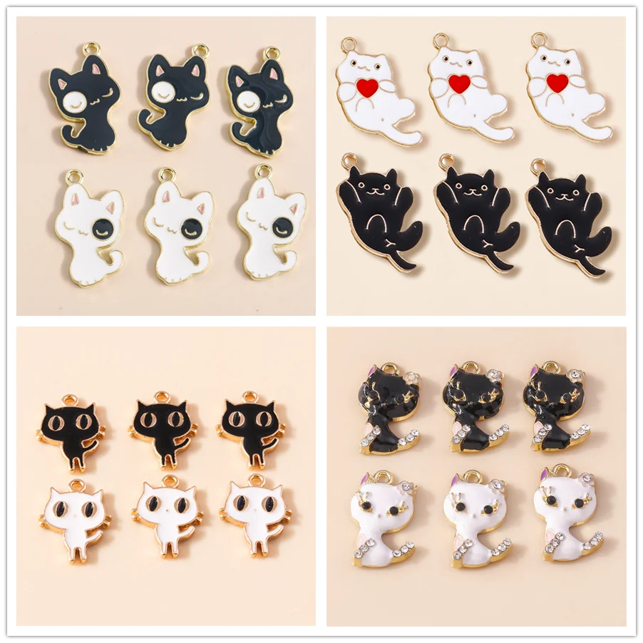 Leslie 10 Stück süße Emaille-Anhänger mit weißer und schwarzer Katze für Schmuckherstellung, DIY-Ohrringe, Armbänder, Halsketten, Anhänger, Zubehör – Detail 1
