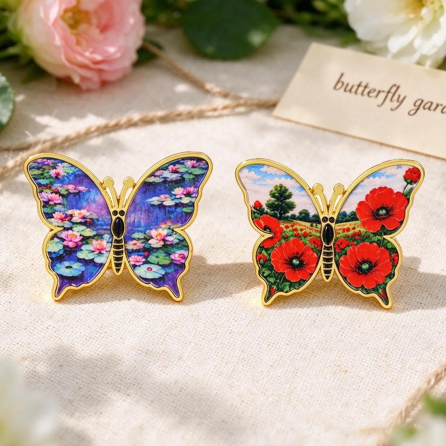 2Pcs/Set Oil Painting Butterfly Enamel Pins Monet Water Lilies & Poppy Flower Lapel Badge Art Painting Brooch Jacket Decor Gift