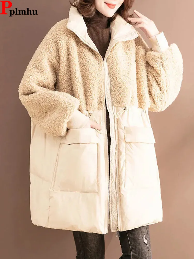 

Warm Lamb Wool Patchwork Cotton Padded Parcas Jackets Casual Stand Collar Overcoat Jaqueta Chic Snow Wear Windproof New Abrigos