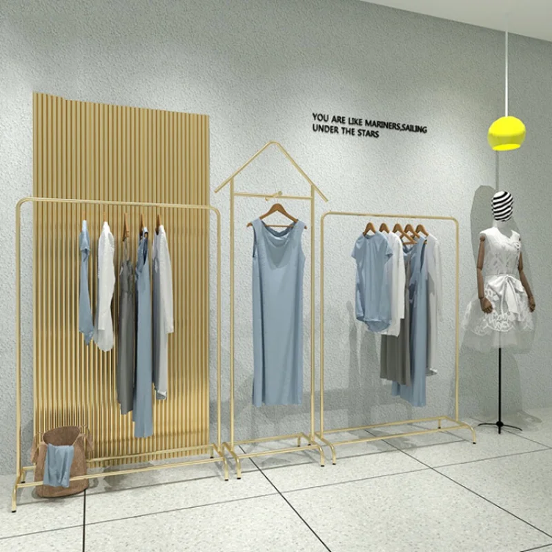 Custom, metal gold clothes hanging rail retail clothing store stainless steel garment display stand rack