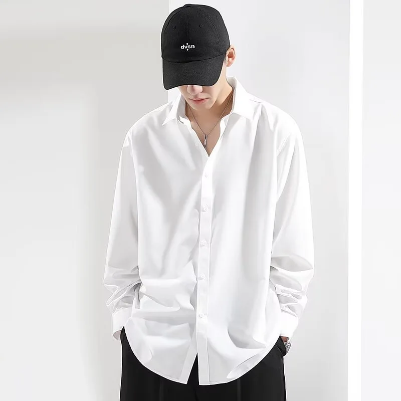 Summer Ice Silk Shirt Men's Long-sleeved White Casual Shirt Loose Large Size Drooping 2025 High-end Inch Shirt Thin Style