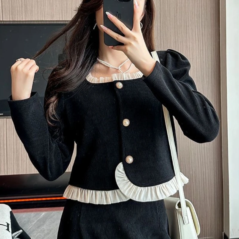 Koronkowy kardigan damski Spliced Sweet Elegant Hepburn Style Retro Cropped Square Collar Puff Sleeve Spring Autumn Daily Office Lady