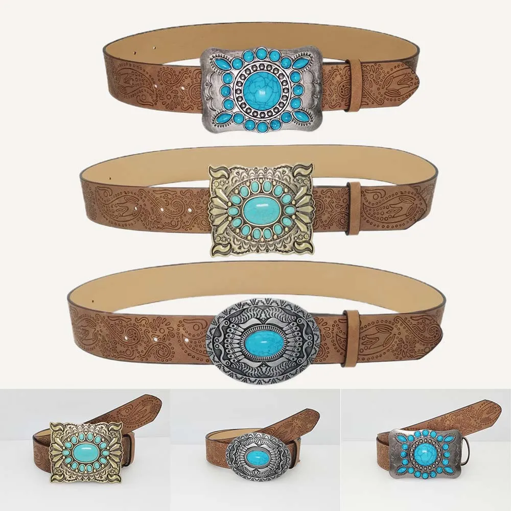 

Men's Retro Casual Brown Bull Head Metal Engraved Buckle Flower Dragon Pattern Embossed Rivet Belt Jeans Versatile Decorative