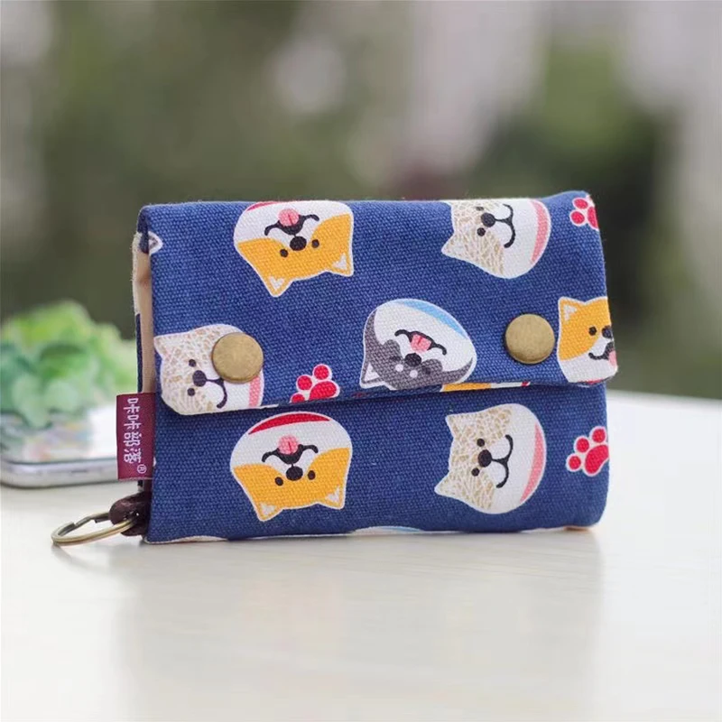 Women's Handmade Fold Fabric Wallet Simple Color Contrast Short Zipper Purses Cartoon Coin Purse Card Holder Key Organizer