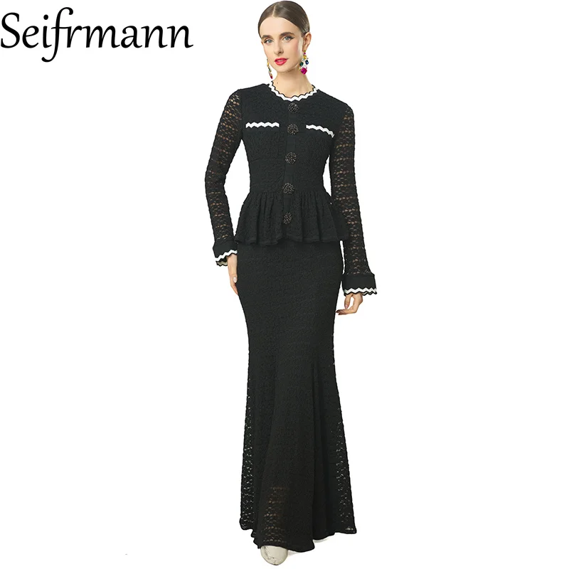 Seifrmann Stitched wavy edge contrasting color fishtail dress round neck long sleeve waist dress 2026 summer Women's New Style