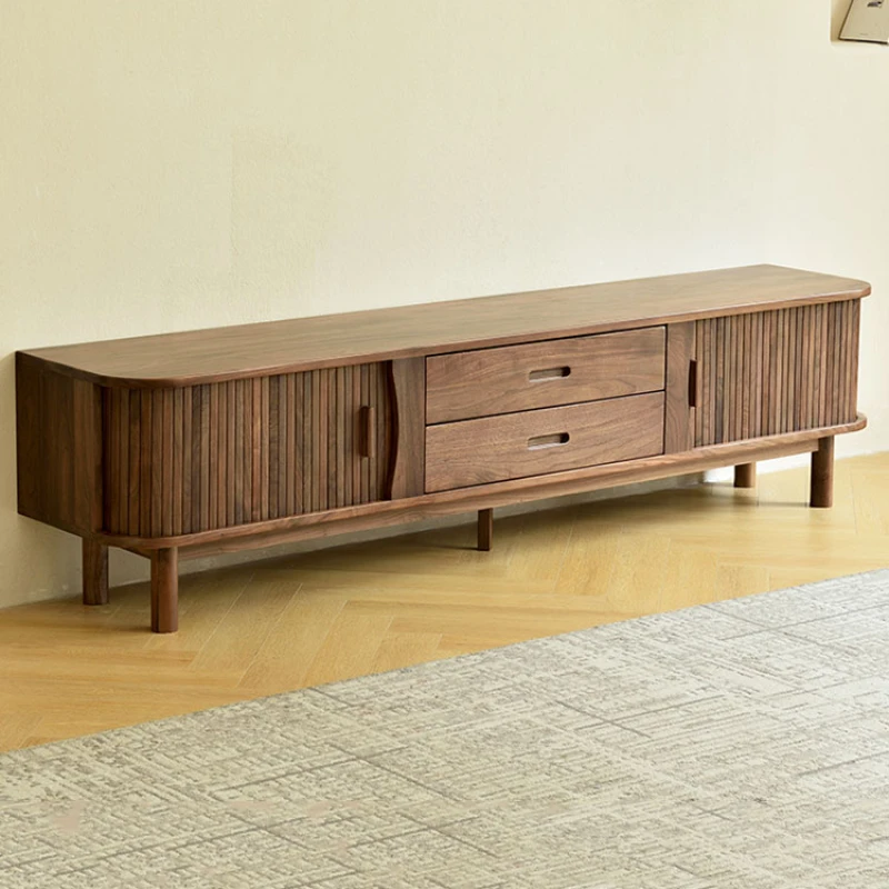 Black walnut wood TV cabinet, simple and modern solid wood floor cabinet, small living room, light luxury storage cabinet