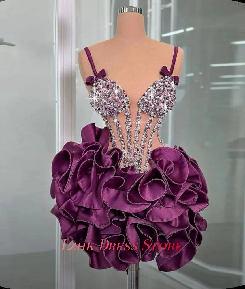 تخصيص فاخر مطرزة الديكور اللؤلؤ كريستال الكشكشة 3D القوس مساء اللباس مثير الحبيب أكمام بعد حزب اللباس