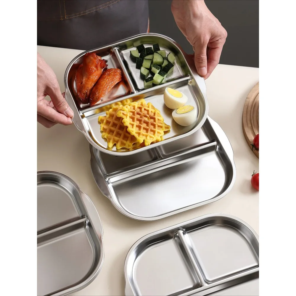 304 Stainless Steel Divided Plate 3 Compartment Dinner Lunch Box Tray Portion Control Kitchen Accessories Gadgets Tools Kids