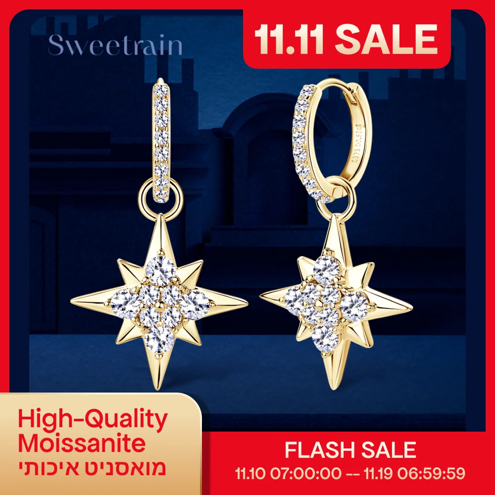 

Серьги-кольца Sweetrain из настоящего муассанита, стерлинговое серебро S925, позолоченные 18-каратным золотом, серьги-капли со звездами для женщин, ювелирные изделия для пирсинга, подарки