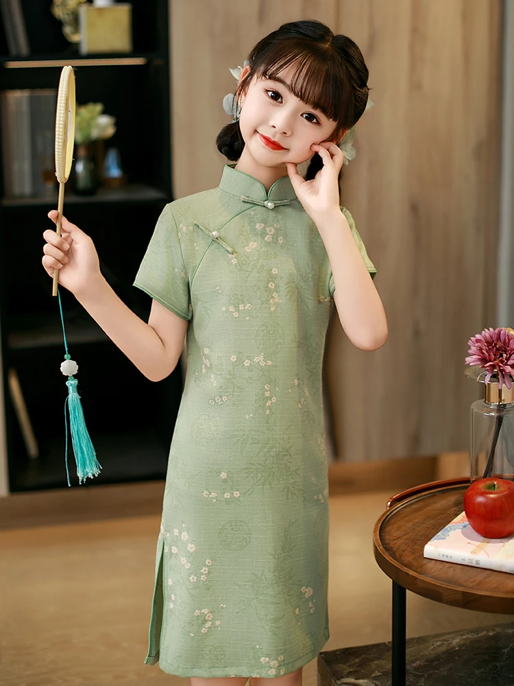 レトロスタイルの緑色の袍ドレス女の子用改良版夏のパフォーマンス衣装子供の伝統的な中国の衣装