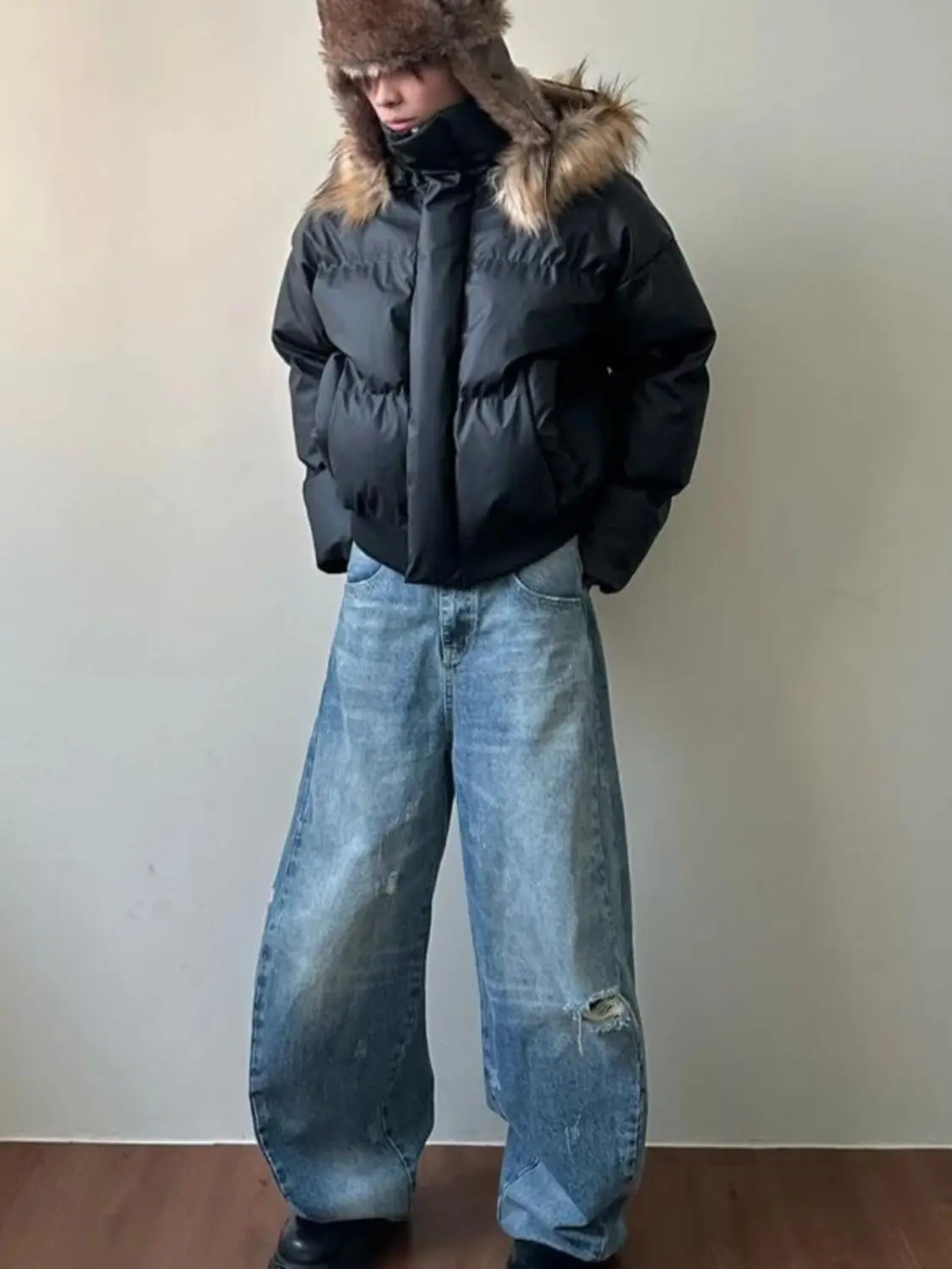 Abrigos cortos americanos de cuero PU para hombre, chaquetas con capucha con cuello de piel holgado de invierno, prendas de vestir exteriores cálidas y gruesas, ropa de calle gótica Punk