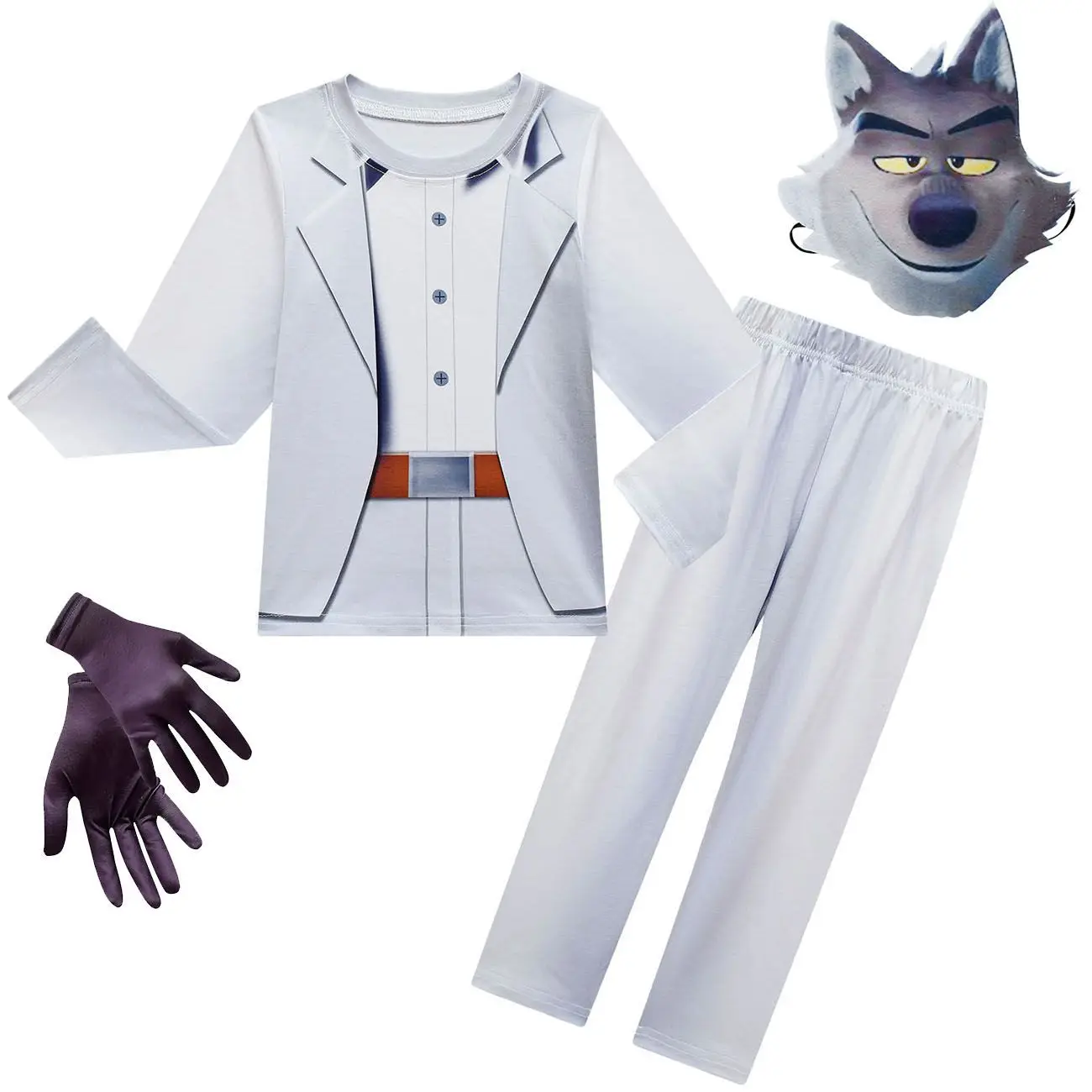 أزياء The Bad Guys Mr. Wolf التأثيرية أزياء حفلات الهالوين للأطفال بأكمام طويلة تي شيرت وسراويل وقناع وقفازات للأطفال
