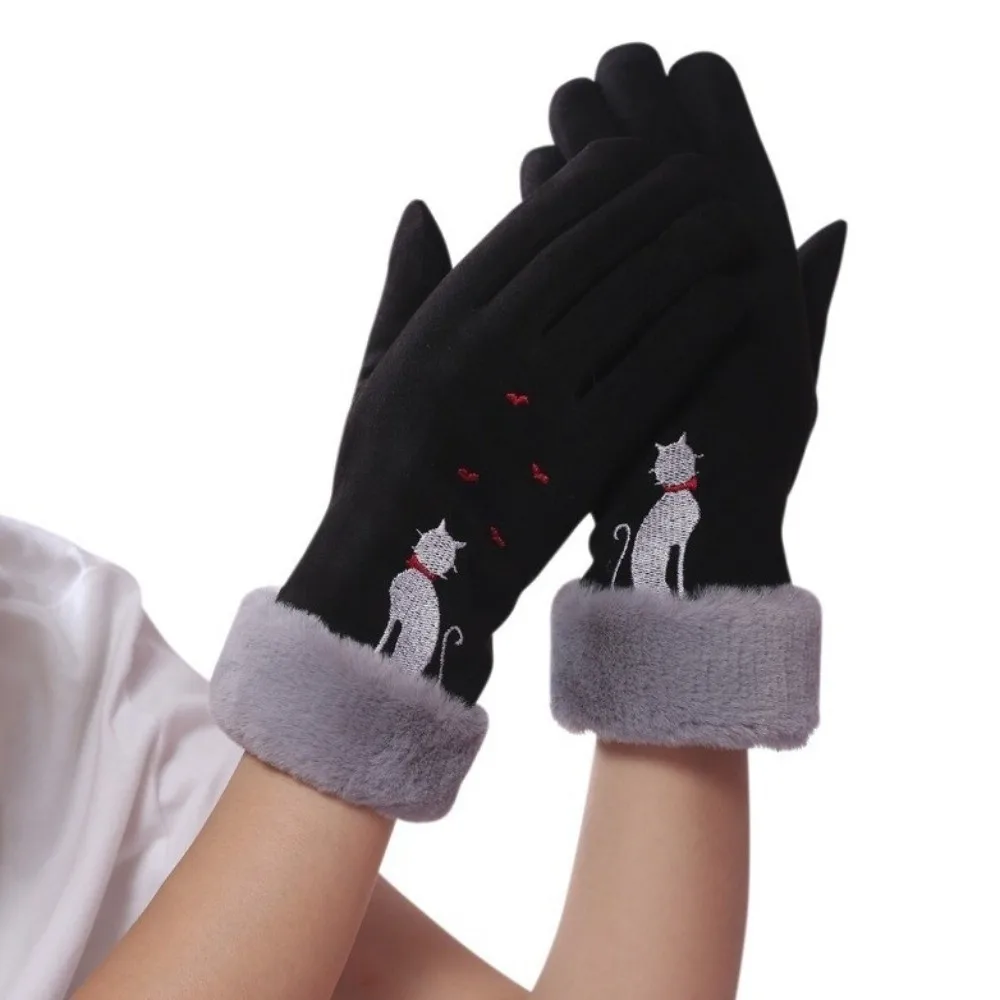 Warm Winter Gloves Windproof Coldproof Touch Screen Gloves Cat Embroidery Full Finger Windproof Cold Proof Gloves