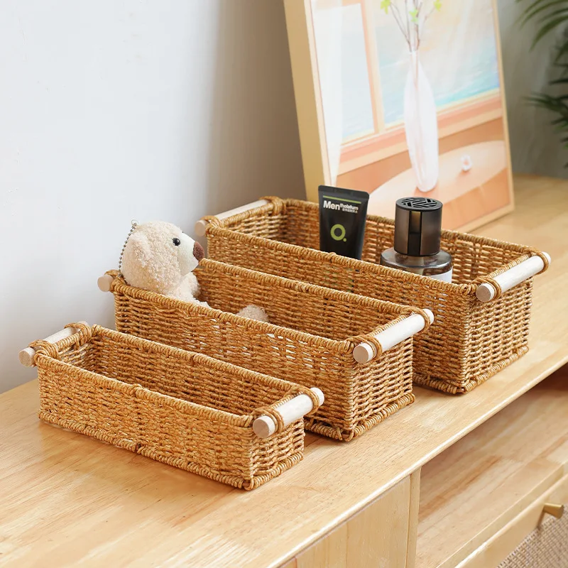 Imitation Rattan Baskets for Organizing Organizer Long Narrow Woven Baskets Rectangular for Bar Bathroom Bedroom Coffee Table
