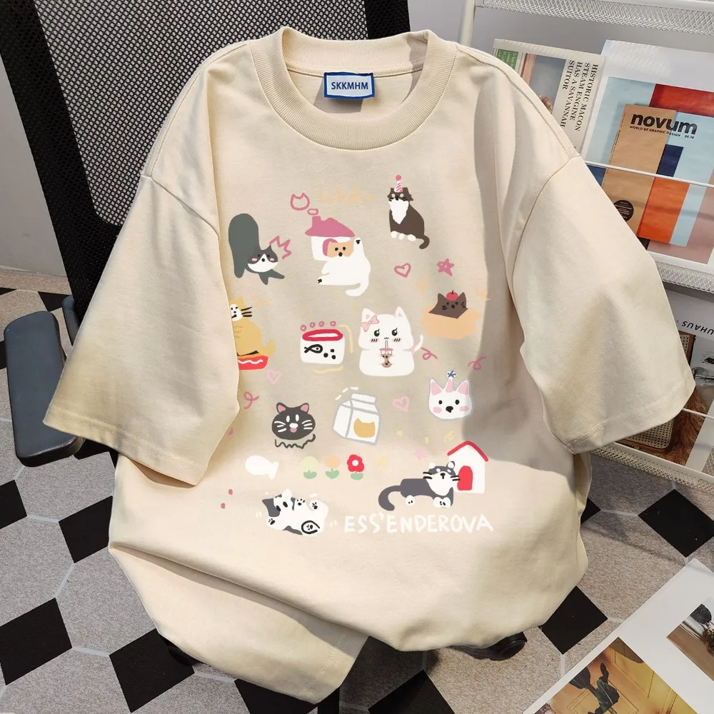 Pure Cotton Summer Short Sleeve T-shirt Sky Blue Korean Cute Cat Cartoon T Shirts Grunge Y2K Tops Couples Harajuku Oversized Tee