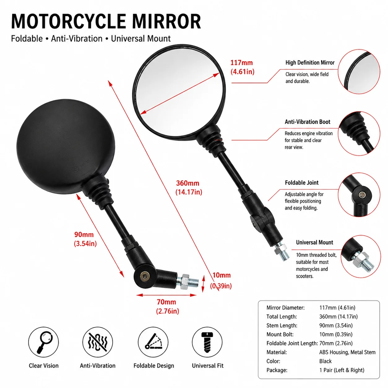Multi-angle Foldable Motorcycle Rearview Mirror 10MM Thread Mount Round Convex Side Mirror Universal E-scooter Bike Pair