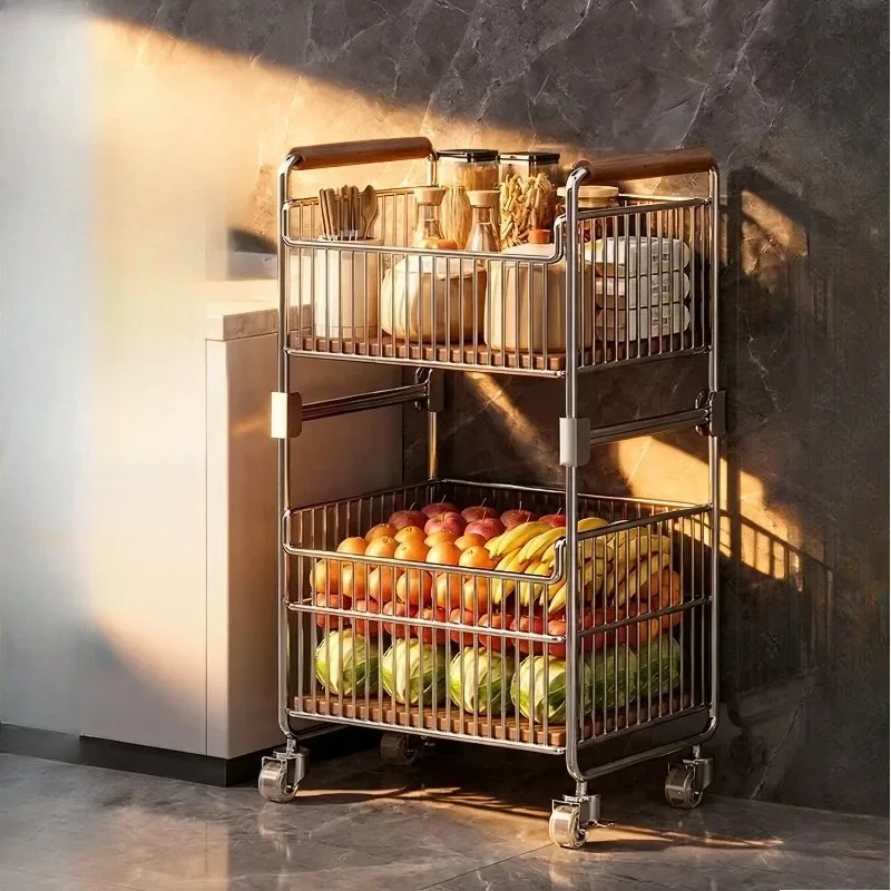2-Tier Stainless Steel Kitchen Rack Fruit Vegetable Storage Basket Holder Cart With Wheels Kitchen Items Organizer For Home