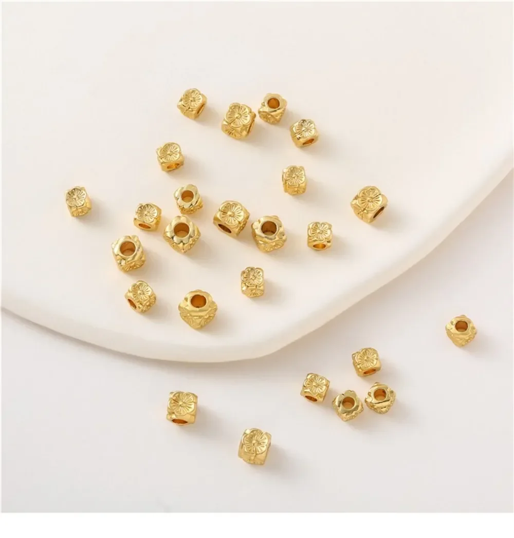 Ancient Gold Color Gold Square Four-sided Pattern Large Hole Bead-separated Bracelet Necklace DIY Handmade Jewelry Accessories