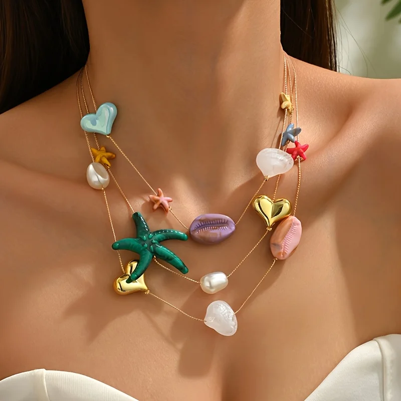 

Bohemian Vacation Style Colorful Starfish Faux Seashell Necklace Women's Personalized Beach Holiday Party Accessory Gift