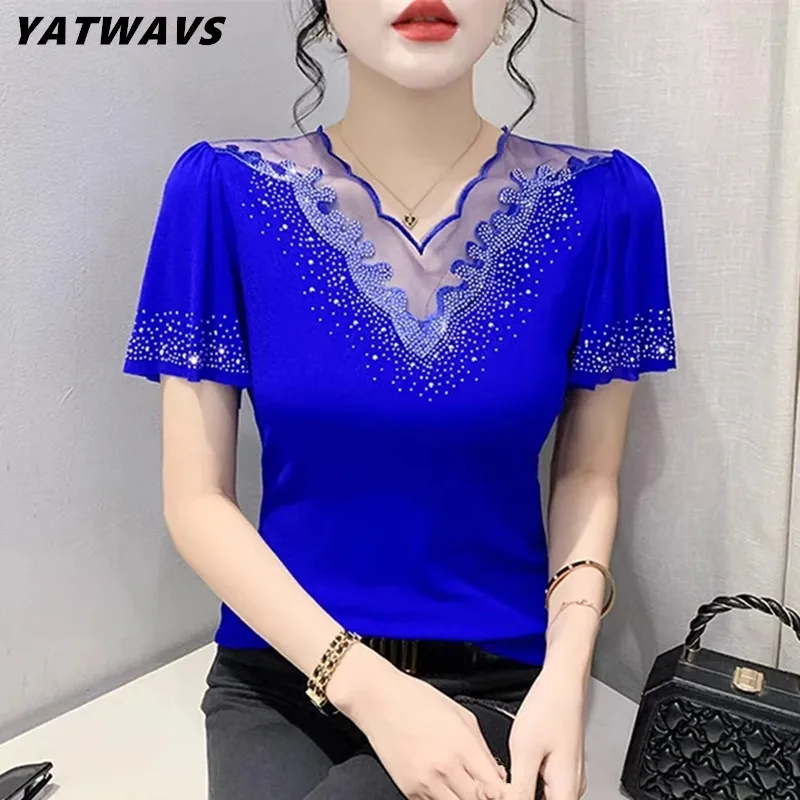 New 2024 Summer Women\'s T-Shirt Fashion Casual Ruffle Sleeved Sexy V-Neck Hot Diamonds Tops Female Elasticity Mesh Tees Blusas