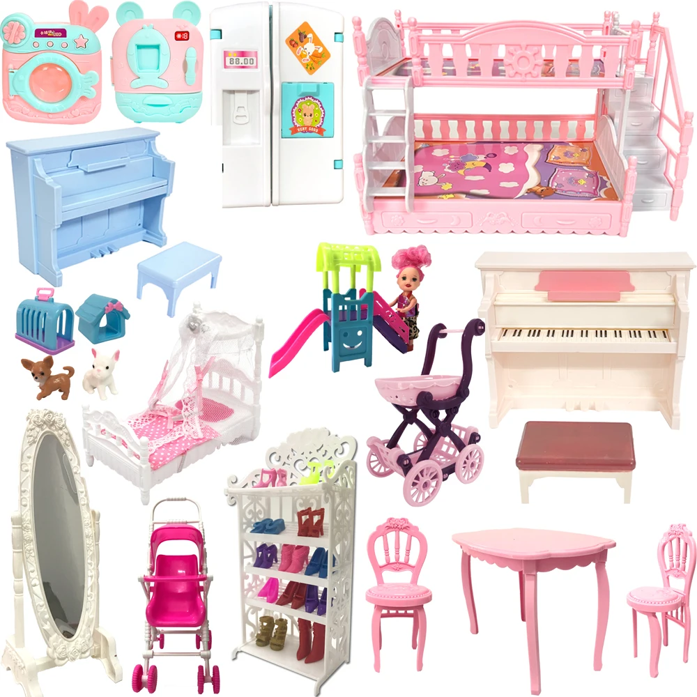 NK Mix Doll Accessories Fashion Furniture  Bed Mirror Fridge Dinner Chair Shoes Rack Storage Dollhouse  For Barbie Doll Toys JJ