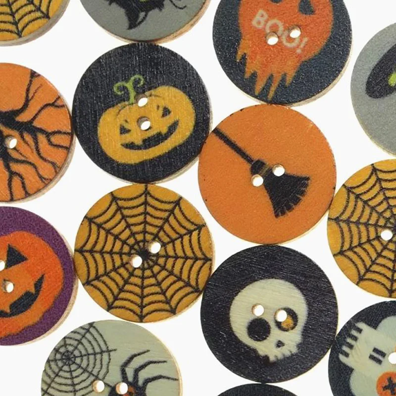 50PCS 25MM Round Funny Cartoon Halloween Theme Wood Buttons Sewing Scrapbooking Clothing Crafts Handmade Home Decor Accessories