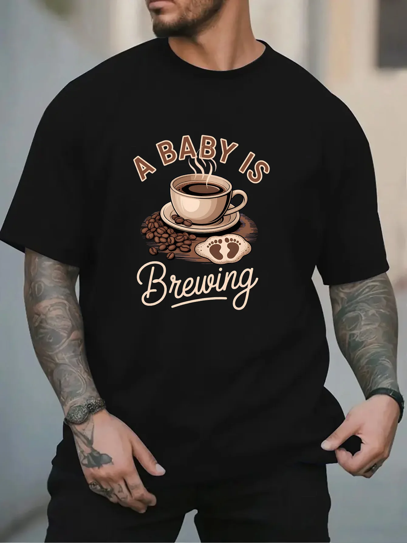 New Men White Crew Neck Tee Coffee Cup Bean Baby Footprint A Baby Is Brewing Pregnancy Reveal Dad Casual Cotton Male Tops