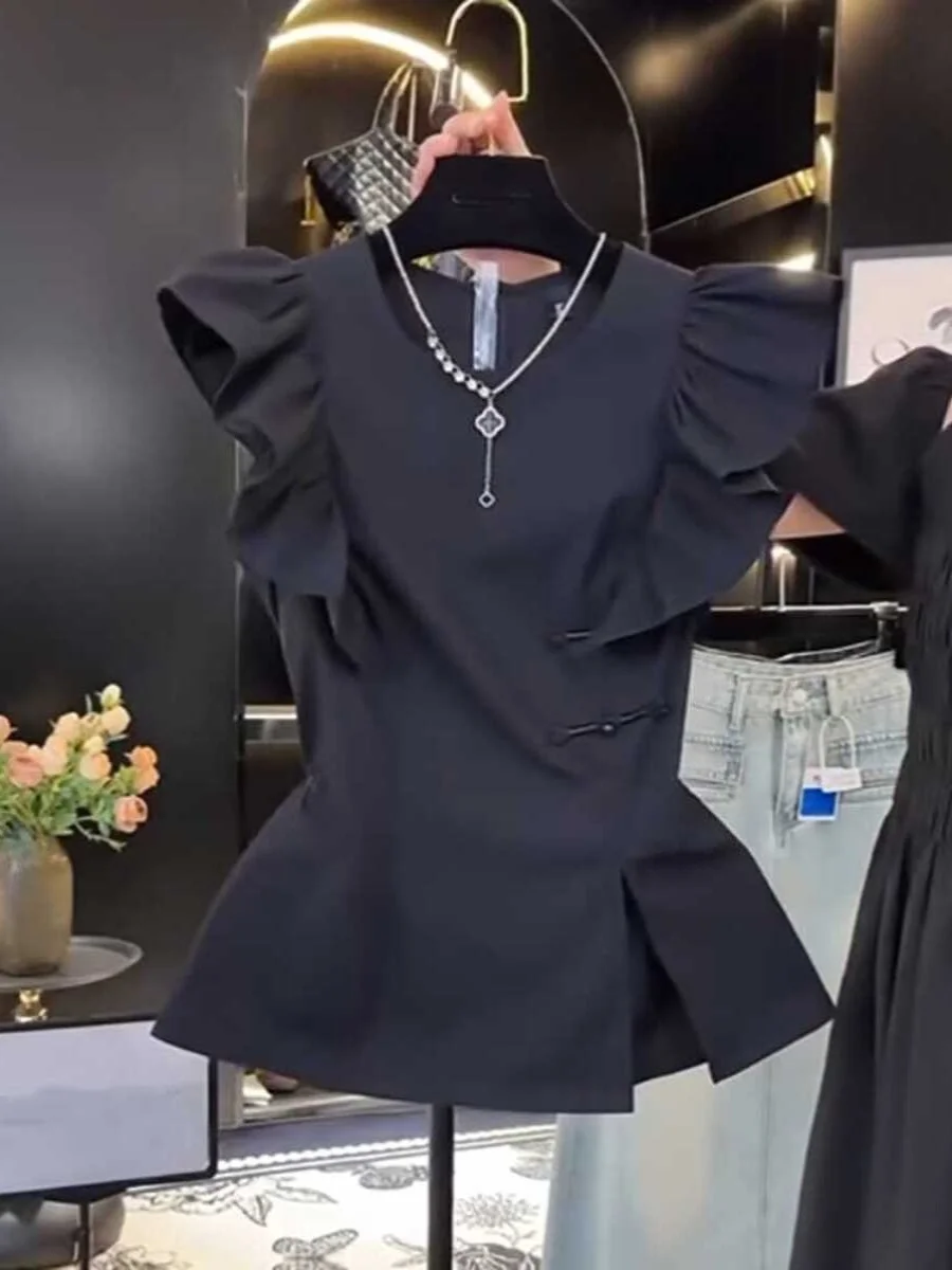 

plus Size irt Women Summer Slimming High Waist Asymmetrical Hem ort Sve Fly Sve Vintage Sle Casual Top