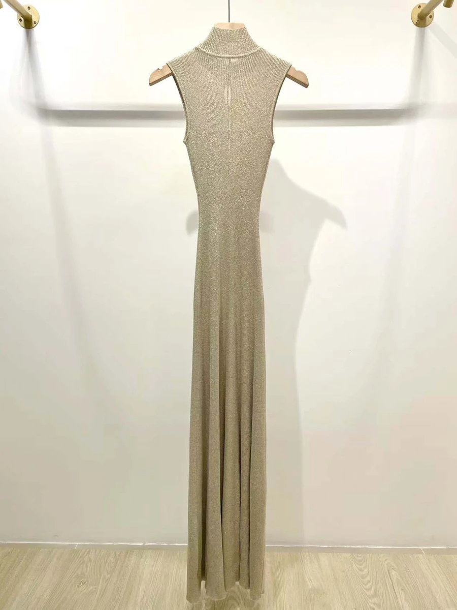 VGH エレガントなスプライスカットアウトドレス女性のためのスタンドカラーノースリーブハイウエストパッチワーク折り目冬ミニマリストドレス女性