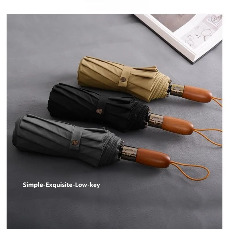 High-end 10-rib Double-layer Automatic Umbrella Simple Men's Business Tri-fold Solid Wood Handle Car-mounted Gift Umbrella